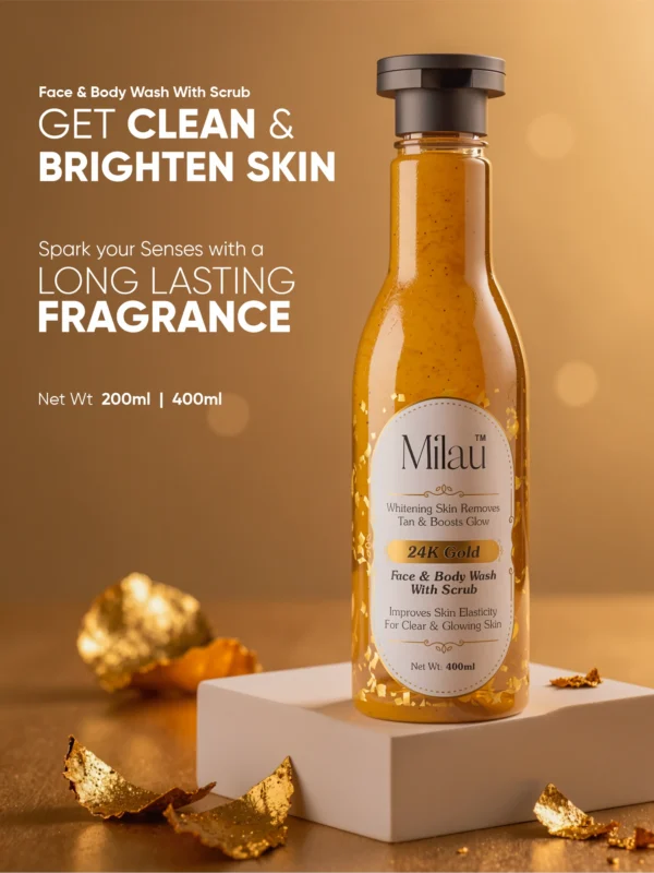 Milau 24k gold face and body wash with scrub luxury skincare bottle glowing skin cleanser