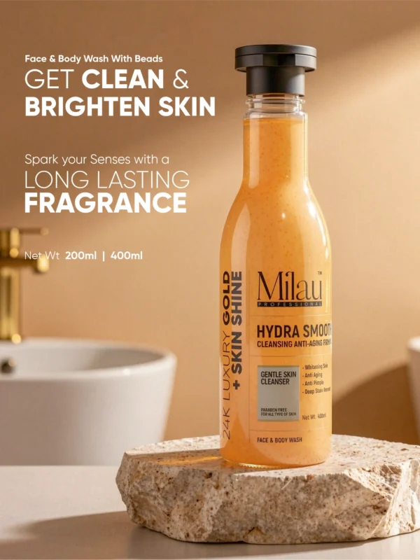 hydra smooth face body wash with beads brightening anti aging deep cleansing glowing skin milau