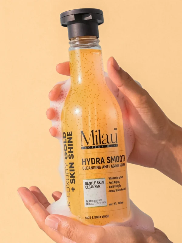 Milau hydra smooth face and body wash with beads luxury skincare bottle skin brightening cleanser