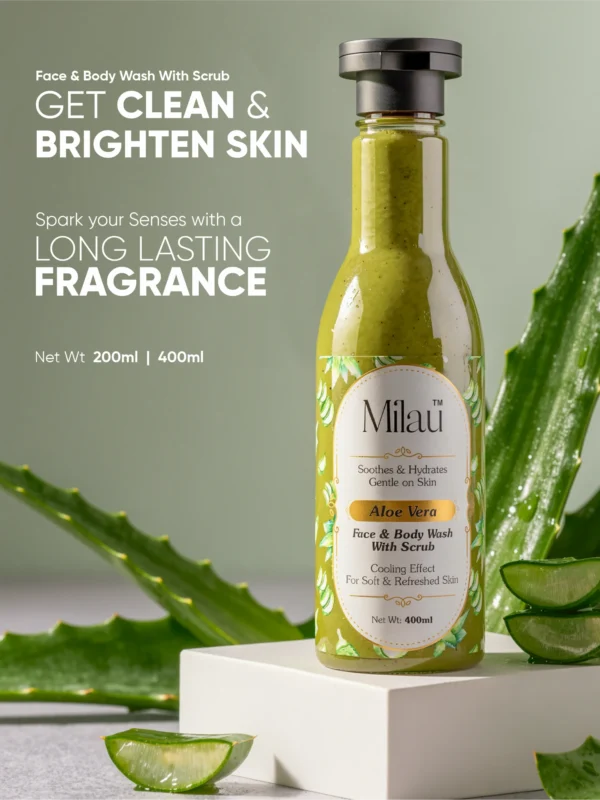 Milau aloe vera face and body wash with scrub hydrating green bottle skincare product