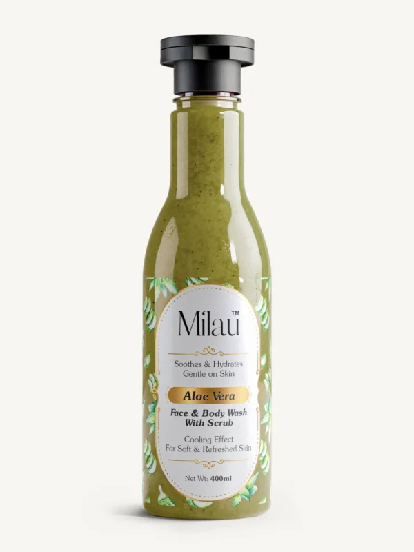 Milau aloe vera face and body wash with scrub hydrating green bottle skincare product