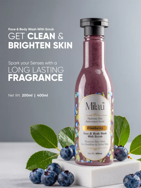 Milau blueberry face and body wash with scrub antioxidant hydrating brightening cleanser bottle