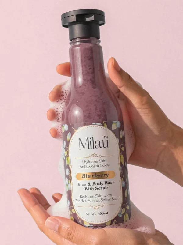 Milau blueberry face and body wash in hand foam hydrating exfoliating glowing skin cleanser