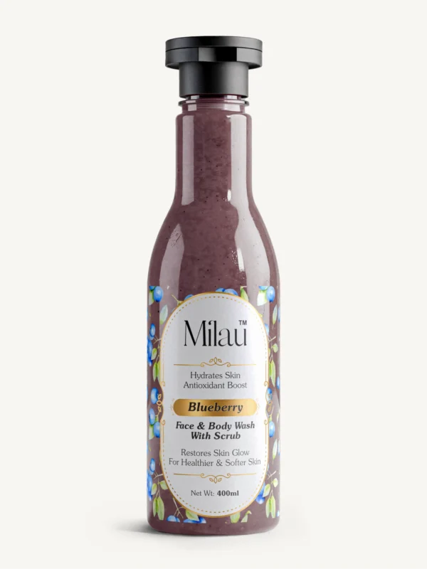 Milau blueberry face and body wash with scrub antioxidant skincare bottle