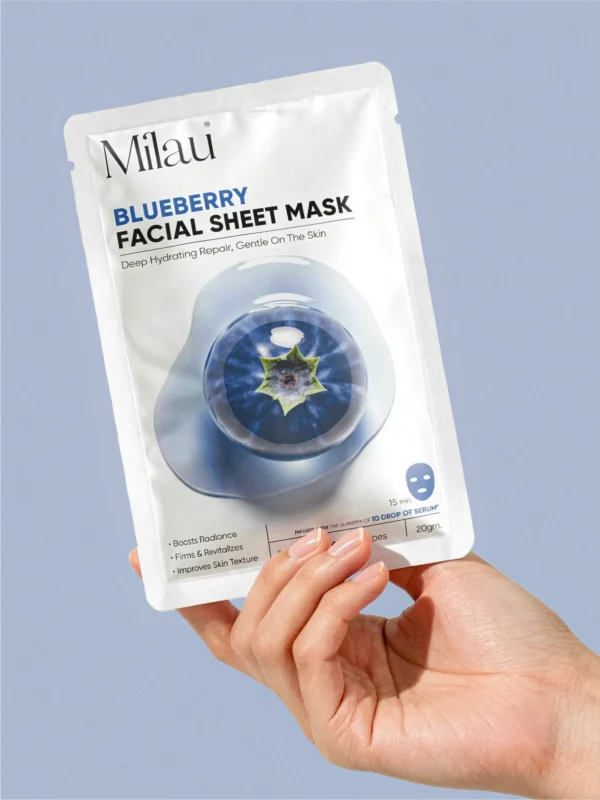 hand holding blueberry sheet mask antioxidant skincare glowing face milau