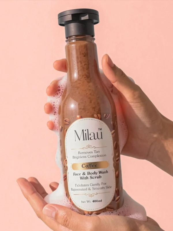 Milau coffee face and body wash with scrub in hand exfoliating tan removal glowing skin cleanser