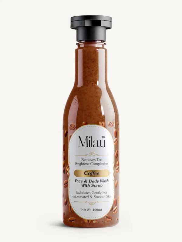 Milau coffee face and body wash with scrub tan removal exfoliating skincare