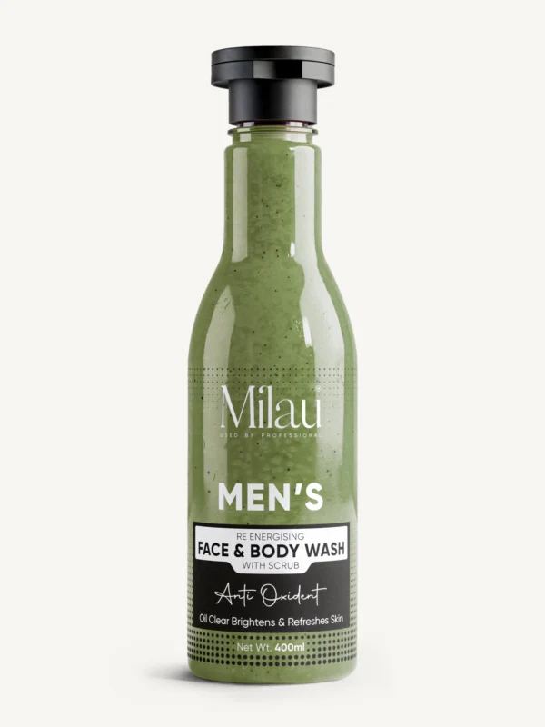 Milau men face and body wash with scrub oil control anti oxidant deep cleansing product bottle
