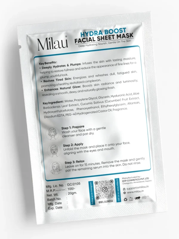 hydra boost sheet mask back label ingredients hydration skincare milau