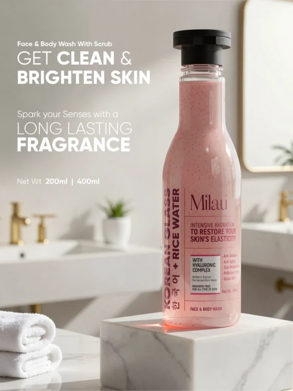 Milau Korean glass skin face and body wash rice water hyaluronic acid hydrating scrub cleanser glowing skin bottle