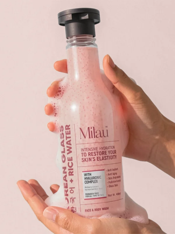 Milau Korean glass skin body wash in hand foam hydrating exfoliating cleanser rice water hyaluronic skin glow