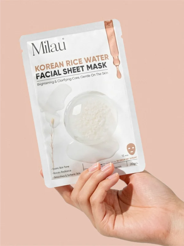 hand holding rice water sheet mask glass skin korean skincare milau