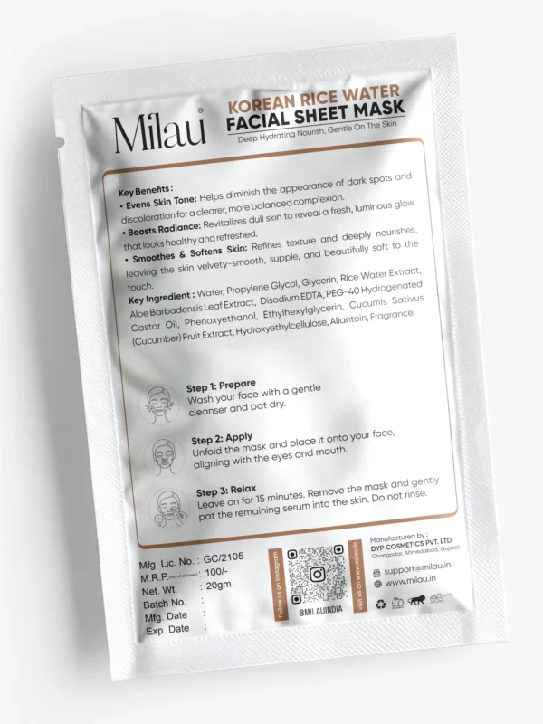 Rice water sheet mask ingredients brightening skincare back label milau