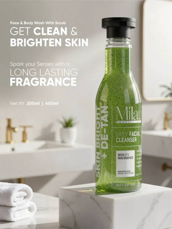 Milau niacinamide facial cleanser green exfoliating face and body wash bottle bathroom luxury setup