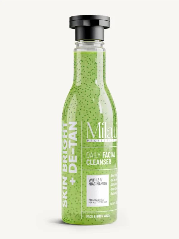 Milau niacinamide face body wash with scrub 2 percent niacinamide brightening de tan cleanser green bottle