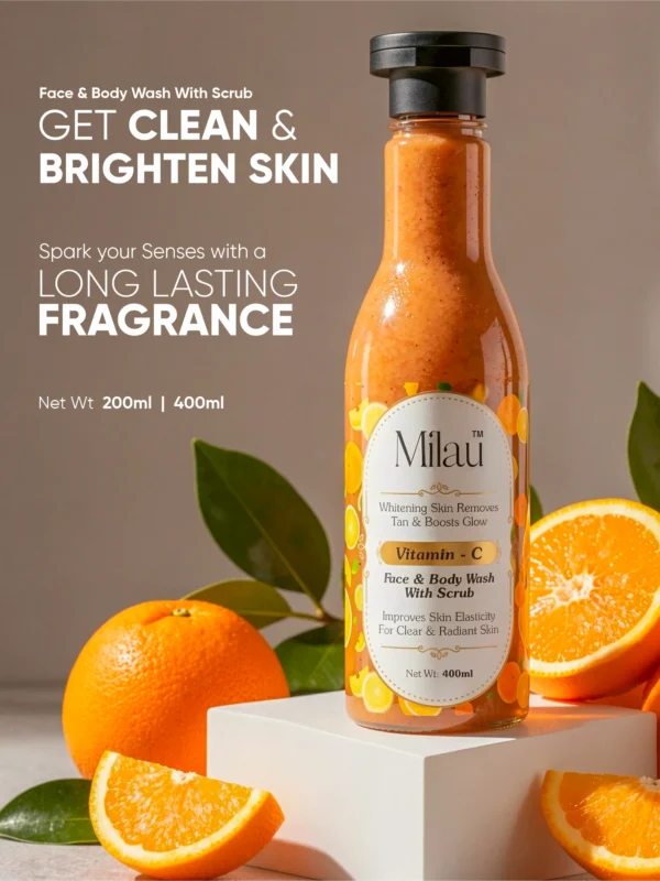 Milau vitamin C face body wash with scrub orange brightening tan removal cleanser glowing skin bottle
