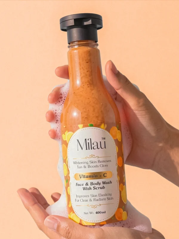 Milau vitamin C face wash in hand foam exfoliating scrub brightening cleanser orange skincare product