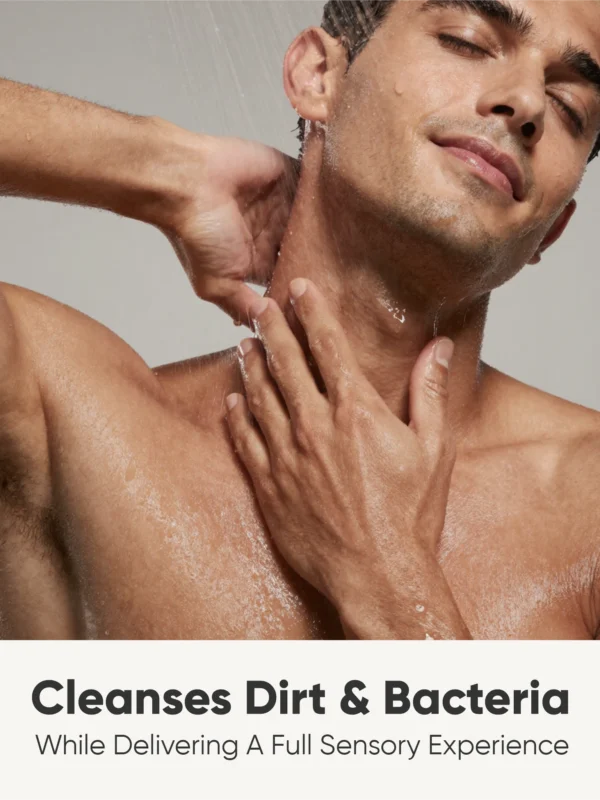 man using face and body wash in shower cleansing dirt bacteria skincare routine men body wash