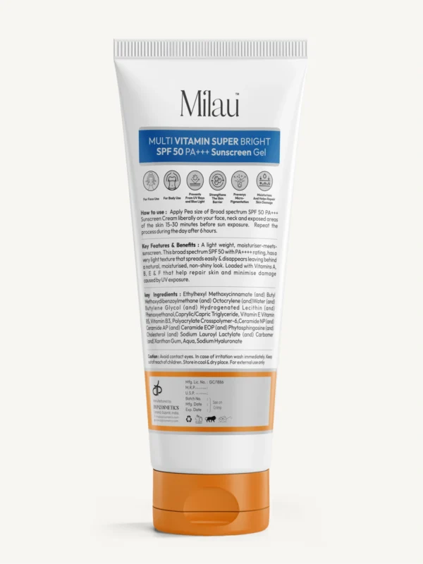 Milau SPF 50 sunscreen gel back label ingredients usage Indian sunscreen details