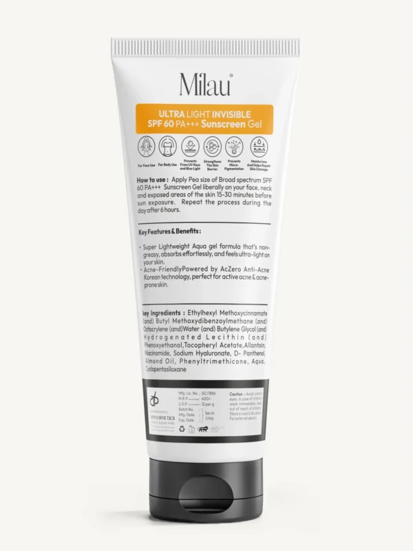 Milau SPF 60 sunscreen gel back packaging ingredients benefits lightweight sunscreen India