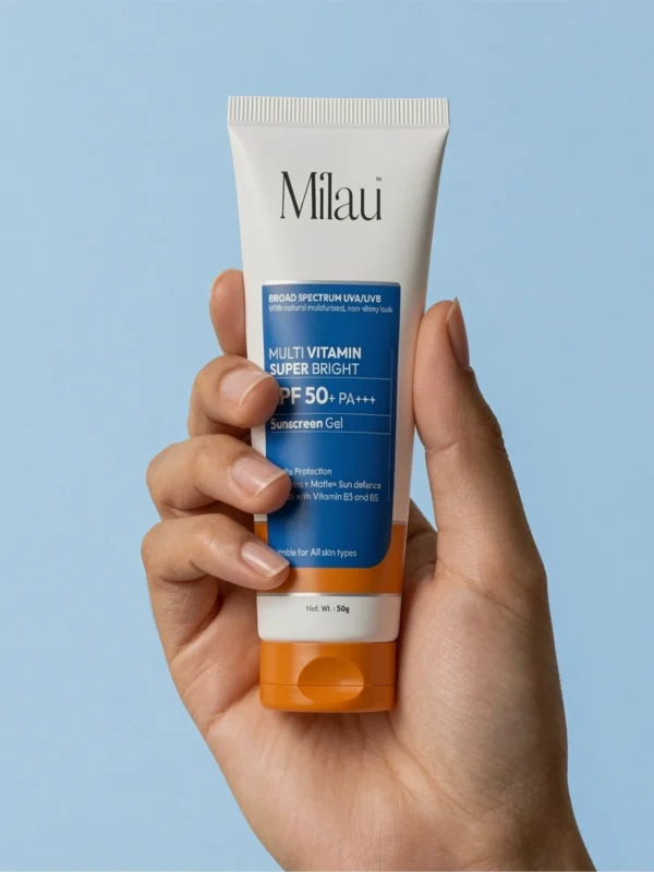hand holding Milau sunscreen gel tube lightweight portable sunscreen India