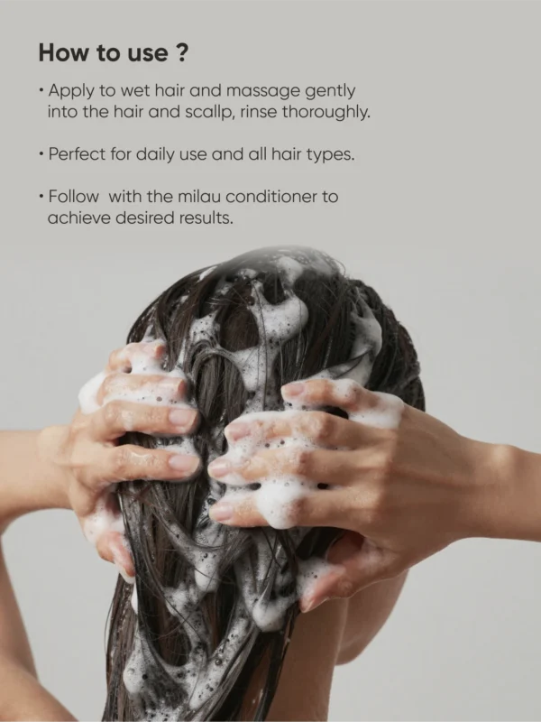 step by step use of keratin shampoo on wet hair with lather on scalp