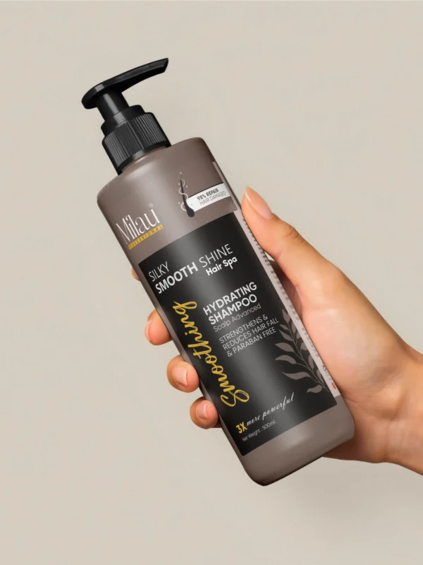hand holding keratin shampoo with silky smooth shiny hair background for frizz control and shine