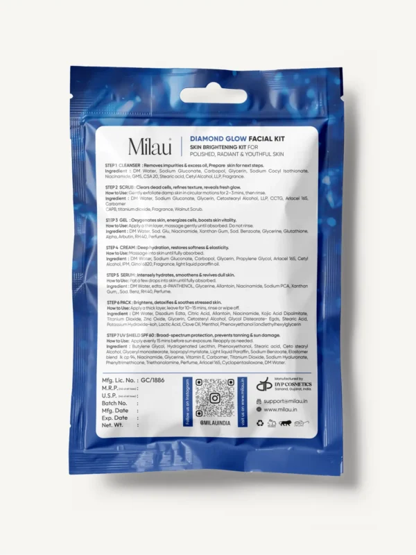 Milau Diamond Glow Facial Kit 7 step skin brightening kit for radiant smooth glowing skin