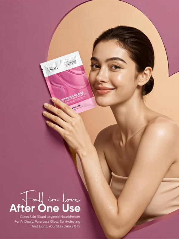 Woman with glowing glass skin holding Korean skincare facial kit for dewy and radiant complexion