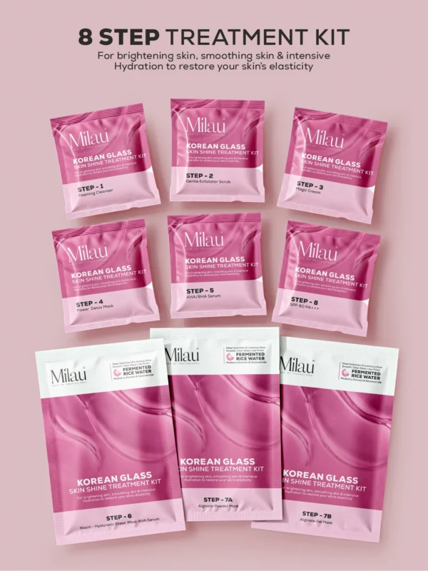 8 step Korean skincare facial kit with cleanser, scrub, serum, sheet mask, alginate mask, and sunscreen