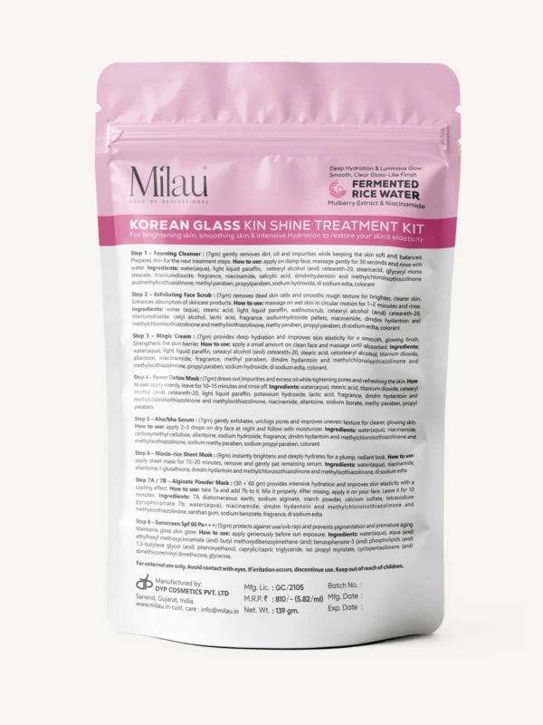 Back packaging of Korean glass skin kit showing ingredients and usage instructions