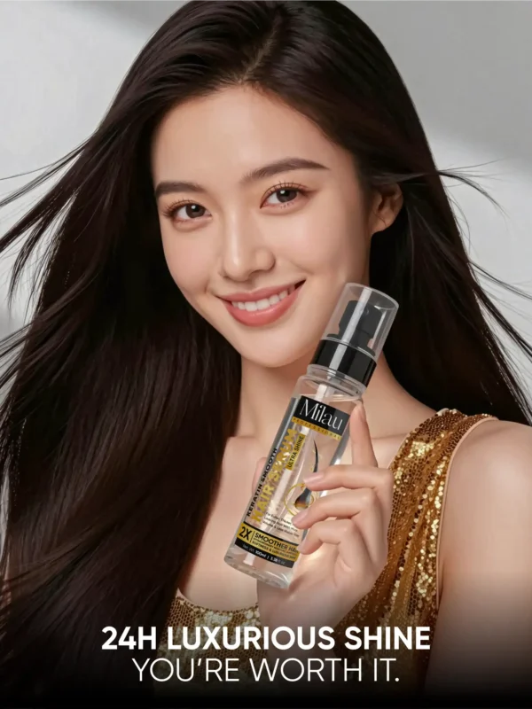 woman holding hair serum silky smooth shiny hair keratin serum model image