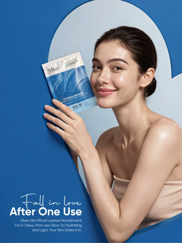 Woman with hydrated glowing skin holding hydra boost facial kit for soft and dewy complexion