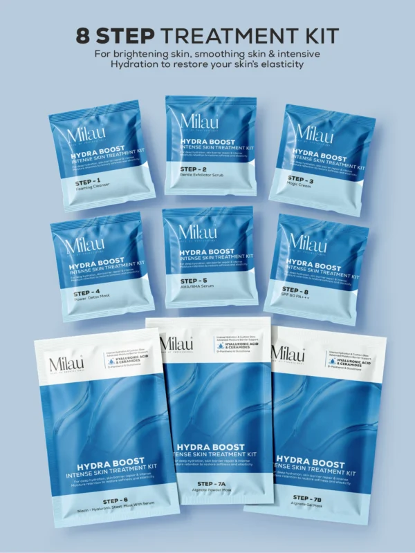 8 step hydra boost facial kit with cleanser scrub serum sheet mask alginate mask and sunscreen