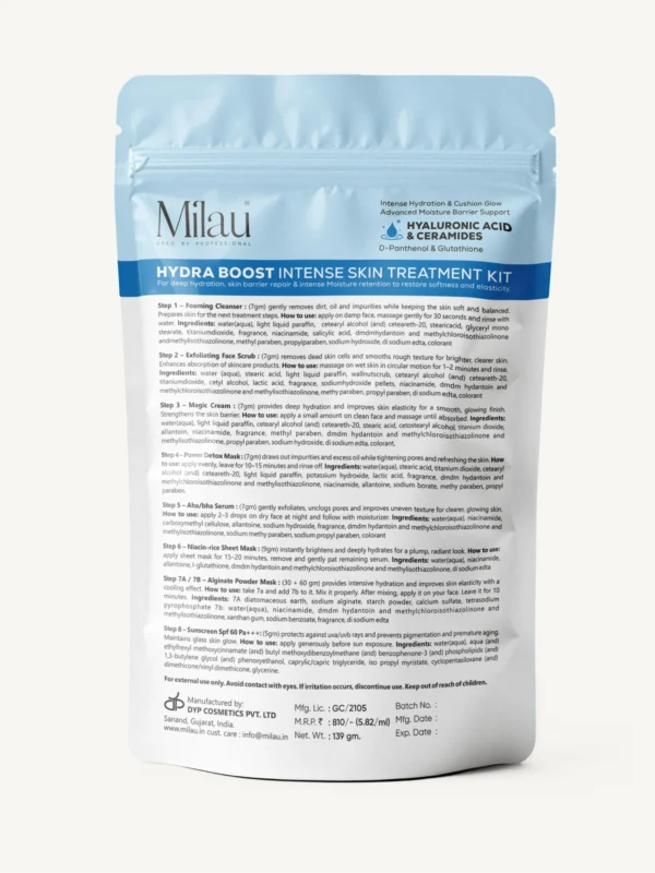 Back packaging of hydra boost facial kit showing ingredients and usage details