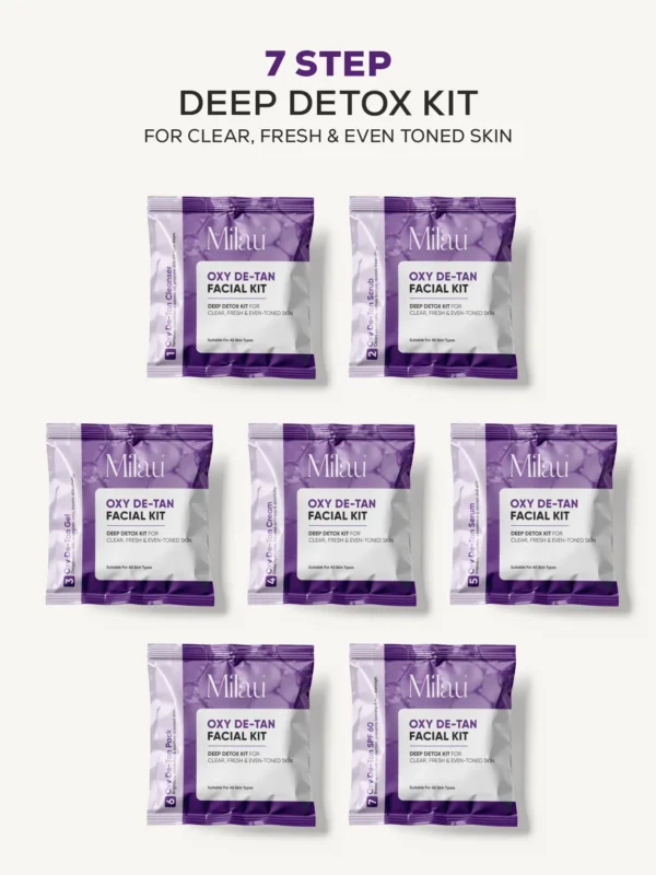 Milau Oxy De Tan Facial Kit 7 step facial kit for tan removal clear bright even toned skin