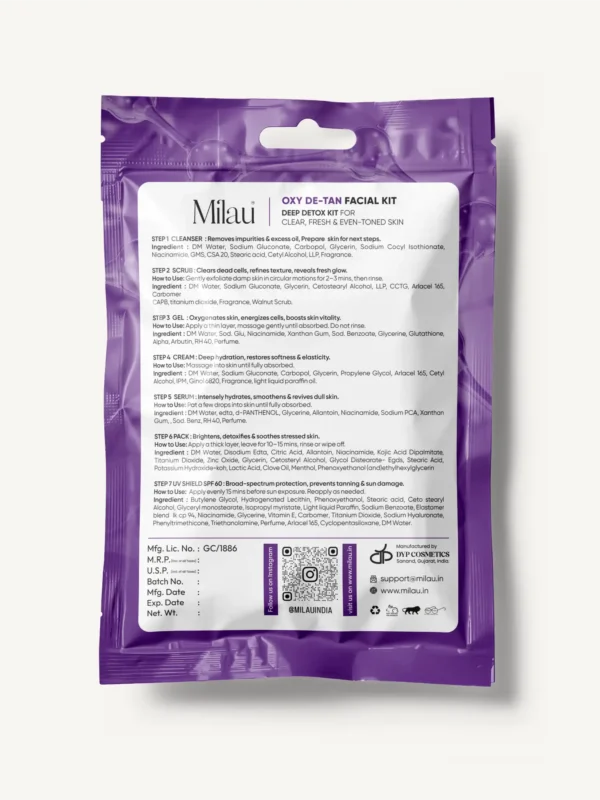 Milau Oxy De Tan Facial Kit 7 step facial kit for tan removal clear bright even toned skin