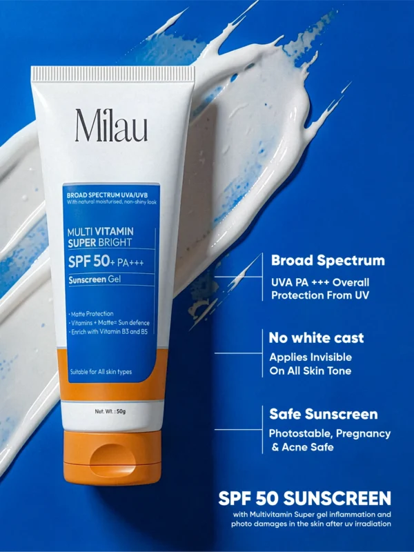 Milau SPF 50 sunscreen poster no white cast broad spectrum sunscreen India