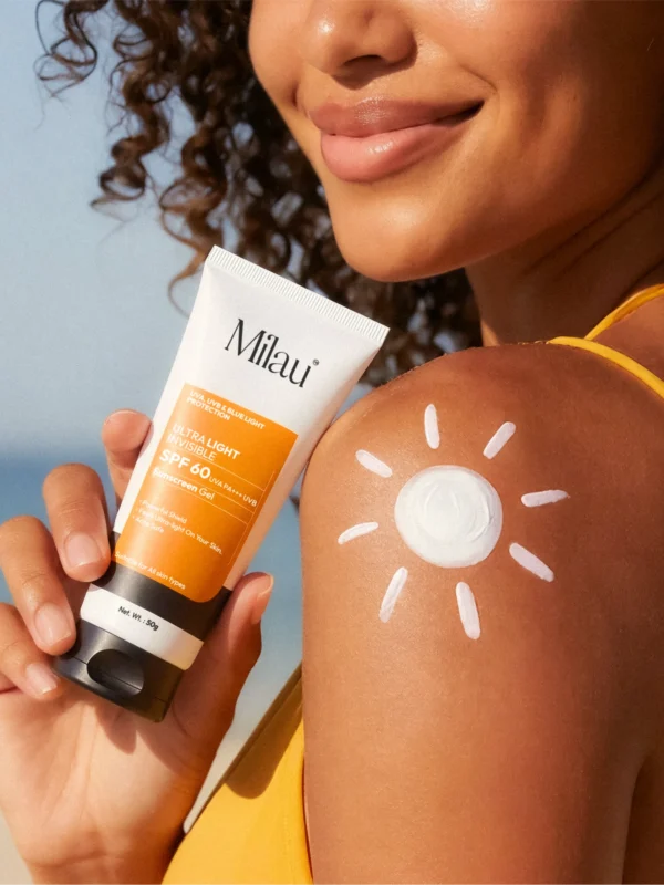 model applying Milau SPF 60 sunscreen on shoulder lightweight gel sunscreen India
