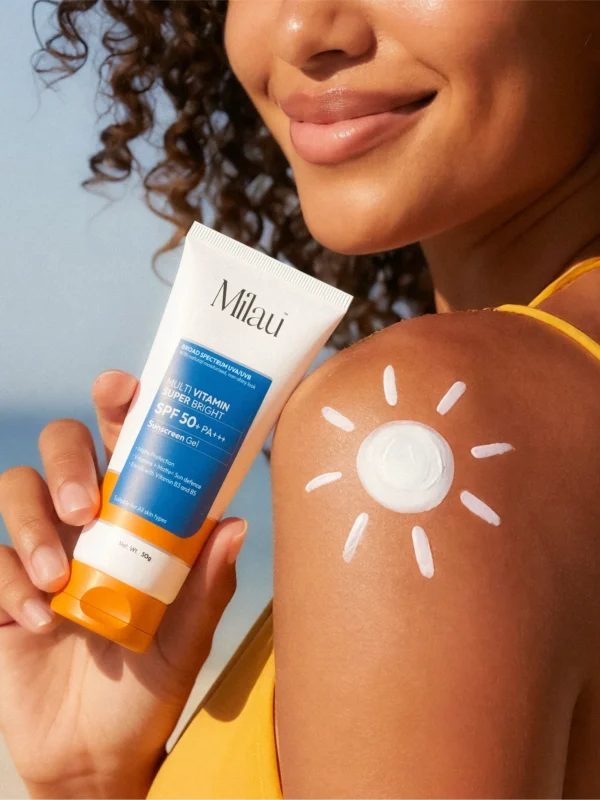 model using Milau SPF 50 sunscreen gel matte finish sunscreen India