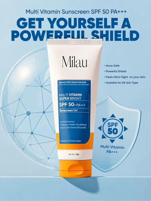 Milau SPF 50 sunscreen shield graphic UVA UVB protection India