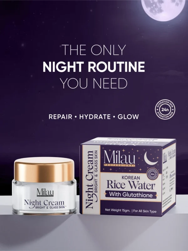 Milau Korean rice water night cream glutathione brightening cream glass skin India skincare